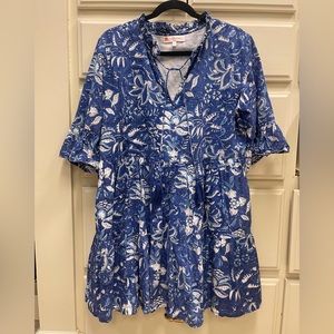 Jude Connally cotton blue and white floral dress with ruffle at sleeve & skirt